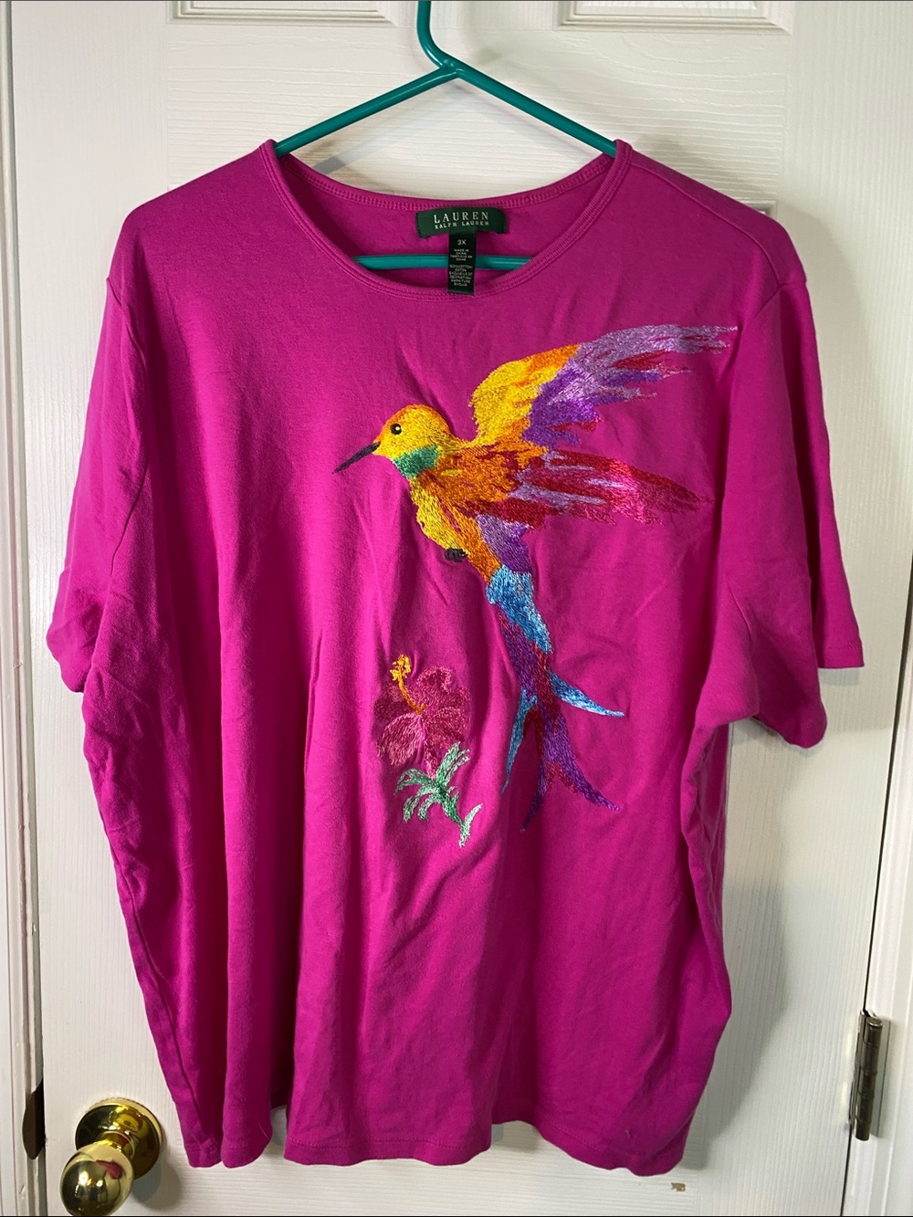 Ralph Lauren Fuchsia Pet Tee with Multicolor Embroidered Hummingbird Size 3X.